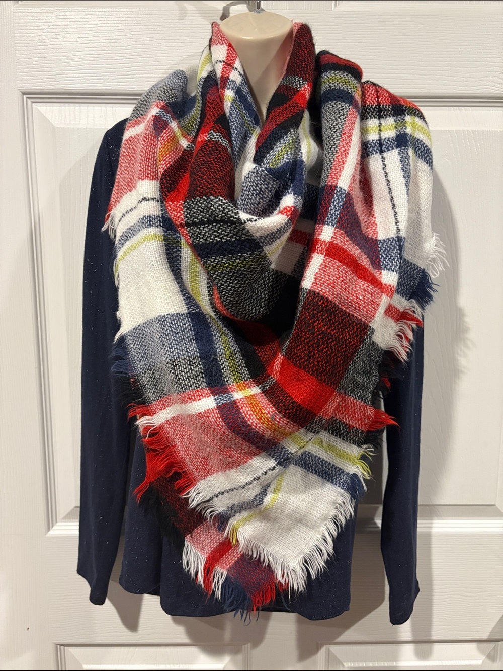 Cozy Plaid Blanket Scarf in Red, Navy & White